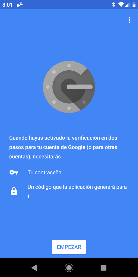 Pantalla de inicio de Google Authenticator