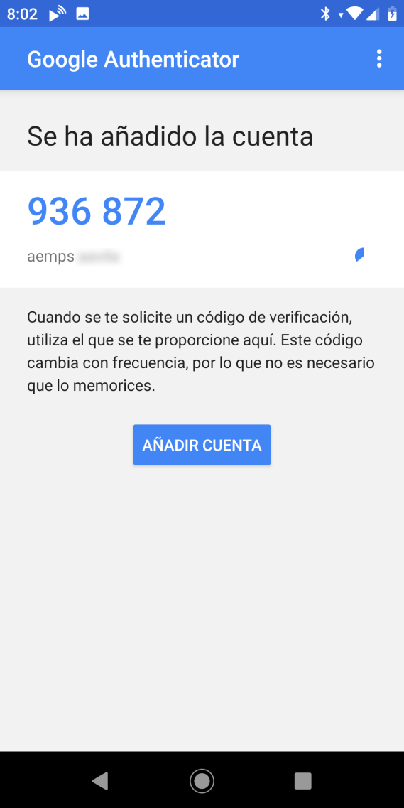 Pantalla con resultado de añadir una cuenta en Google Authenticator