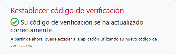 Mensaje mostrado al restablecer correctamente el código de verificación