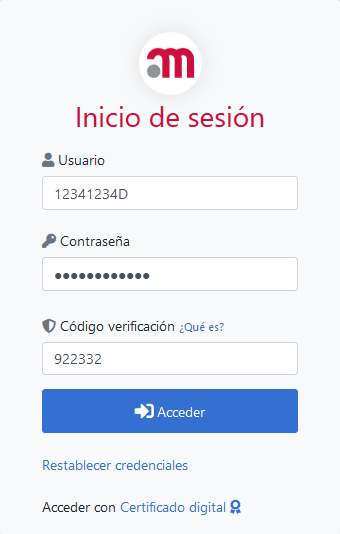 Pantalla de login con código de verificación relleno